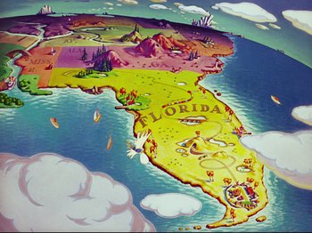 Movie still from “Dumbo” (1941), directed by Ben Sharpsteen – A cartoon map of the state of florida; Extreme Wide shot, High angle