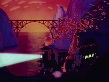 Movie still from “Dumbo” (1941), directed by Ben Sharpsteen – A train traveling down tracks next to a bridge; Extreme Wide shot, Low angle