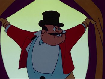 Movie still from “Dumbo” (1941), directed by Ben Sharpsteen – A cartoon character with his arms up; Medium shot, Low angle