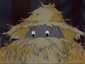 Movie still from “Dumbo” (1941), directed by Ben Sharpsteen – The face of a cartoon character; Close Up shot, Low angle