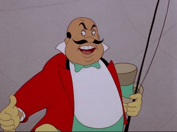 Movie still from “Dumbo” (1941), directed by Ben Sharpsteen – A cartoon of a man holding a drink and smiling for the camera; Medium shot, Low angle