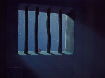 Movie still from “Dumbo” (1941), directed by Ben Sharpsteen – A cat sitting on a window sill looking out a window; Extreme Wide shot, Low angle
