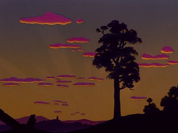 Movie still from “Dumbo” (1941), directed by Ben Sharpsteen – A painting of a tree and a hill at sunset; Extreme Wide shot, Low angle