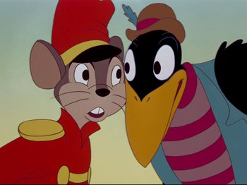 Movie still from “Dumbo” (1941), directed by Ben Sharpsteen – A couple of cartoon characters that are next to each other; Close Up shot, High angle