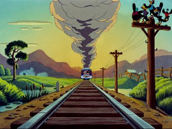 Movie still from “Dumbo” (1941), directed by Ben Sharpsteen – A train traveling down train tracks next to a forest; Extreme Wide shot, Low angle