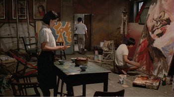 Movie still from “Dust in the Wind” (1986), directed by Hsiao-Hsien Hou – A group of people in an art studio painting; Wide shot, High angle