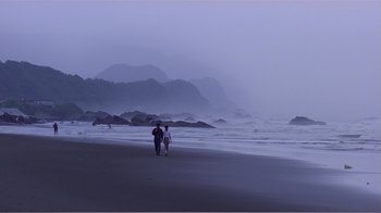 Movie still from “Dust in the Wind” (1986), directed by Hsiao-Hsien Hou – Two people walking on the beach at night; Extreme Wide shot, High angle