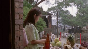 Movie still from “Dust in the Wind” (1986), directed by Hsiao-Hsien Hou – A young girl standing in front of a bunch of fruit; Medium shot, Over the shoulder angle