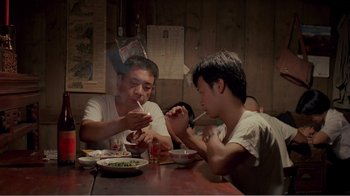 Movie still from “Dust in the Wind” (1986), directed by Hsiao-Hsien Hou – A group of people sitting at a table eating food; Medium shot, Low angle