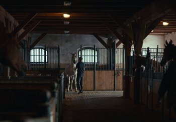 Movie still from “EO” (2022), directed by Jerzy Skolimowski – A man standing next to a white horse in a stable; Wide shot, Low angle