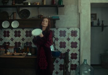 Movie still from “EO” (2022), directed by Jerzy Skolimowski – A woman holding a frisbee in a kitchen; Medium shot, Over the shoulder angle