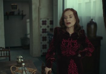Movie still from “EO” (2022), directed by Jerzy Skolimowski – A woman standing in front of a dining room table; Medium shot, Over the shoulder angle