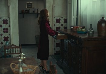 Movie still from “EO” (2022), directed by Jerzy Skolimowski – A woman standing in front of a counter in a room; Wide shot, High angle