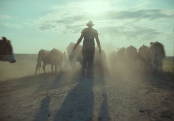Movie still from “EO” (2022), directed by Jerzy Skolimowski – A man walking through a dusty field with a herd of cows; Wide shot, Low angle