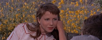 Movie still from “East of Eden” (1955), directed by Elia Kazan – A beautiful woman sitting in front of a field of yellow flowers; Close Up shot, High angle