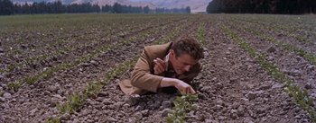 Movie still from “East of Eden” (1955), directed by Elia Kazan – A man in a brown jacket is kneeling on the ground in a field; Medium shot, High angle