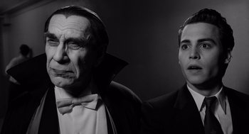 Movie still from “Ed Wood” (1994), directed by Tim Burton – A man in a dracula costume and another man in a vampire costume; Close Up shot, Low angle
