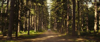 Movie still from “Eden Lake” (2008), directed by James Watkins – A car driving down a dirt road through a forest; Extreme Wide shot, Low angle