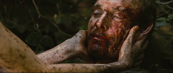 Movie still from “Eden Lake” (2008), directed by James Watkins – A man with a face covered in blood; Close Up shot, Overhead angle