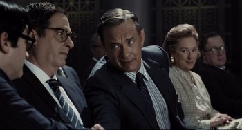 Movie still from “The Post” (2017), directed by Steven Spielberg – Tom hanks in a scene from the movie forrest gump; Medium shot, Over the shoulder angle