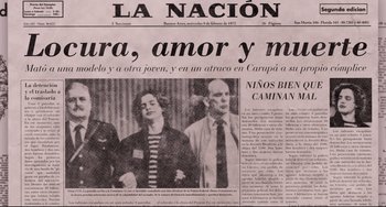 Movie still from “El Angel” (2018), directed by Luis Ortega – An old photo of a man and two women in front of a newspaper; Close Up shot, Low angle