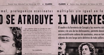 Movie still from “El Angel” (2018), directed by Luis Ortega – An old newspaper with a picture of an old man; Extreme Close Up shot, High angle