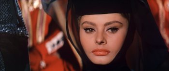 Movie still from “El Cid” (1961), directed by Anthony Mann – A woman's face with a veil over her head; Close Up shot, Low angle