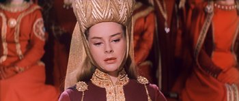 Movie still from “El Cid” (1961), directed by Anthony Mann – A person wearing a headdress; Close Up shot, Low angle