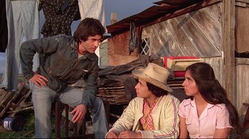 Movie still from “El Norte” (1983), directed by Gregory Nava – A group of people sitting on a bench in front of a building; Medium shot, Low angle