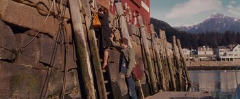 Movie still from “The Proposal” (2009), directed by Anne Fletcher – A man and a woman climbing up a wooden ladder; Wide shot, Low angle