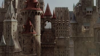 Movie still from “Ella Enchanted” (2004), directed by Tommy O'Haver – A castle that has many towers on it; Extreme Wide shot, Low angle