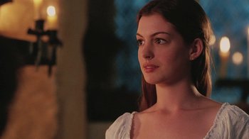 Movie still from “Ella Enchanted” (2004), directed by Tommy O'Haver – A beautiful young lady in a white dress; Close Up shot, Over the shoulder angle