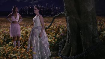 Movie still from “Ella Enchanted” (2004), directed by Tommy O'Haver – A woman in a white dress standing in a field of flowers; Wide shot, High angle