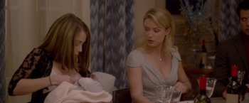Movie still from “Elle” (2016), directed by Paul Verhoeven – A woman holding a baby in her lap and another woman sitting next to a baby; Close Up shot, Over the shoulder angle