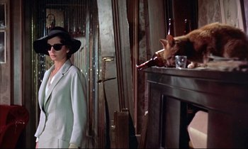 Movie still from “Elmer Gantry” (1960), directed by Richard Brooks – A woman standing in front of a fireplace with a cat on top of it; Medium shot, Low angle