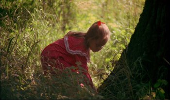 Movie still from “Elvira Madigan” (1967), directed by Bo Widerberg – A little girl in a red and white dress looking at a tree; Medium shot, High angle
