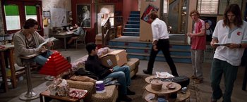 Movie still from “Empire Records” (1995), directed by Allan Moyle – Two men sitting on a couch in a living room; Wide shot, High angle