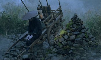 Movie still from “Empire of Passion” (1978), directed by Nagisa Ôshima – A person sitting on a wooden cart in the middle of a field; Wide shot, High angle