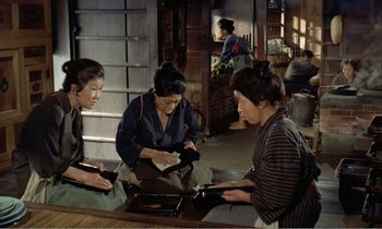 Movie still from “Empire of Passion” (1978), directed by Nagisa Ôshima – A group of women sitting around a table; Medium shot, High angle