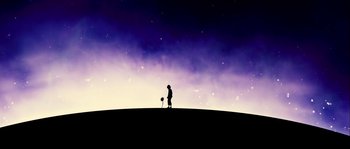 Movie still from “Empire of the Wolves” (2005), directed by Chris Nahon – A person standing on top of a hill at night; Extreme Wide shot, Low angle