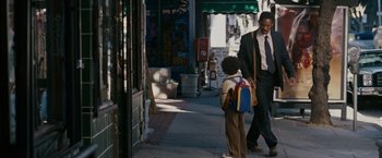 Movie still from “The Pursuit of Happyness” (2006), created by Frank Darabont – A man and a boy walking down the sidewalk; Wide shot, Over the shoulder angle