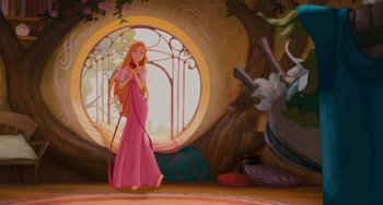 Movie still from “Enchanted” (2007), directed by Kevin Lima – A woman in a pink dress standing in front of a window; Wide shot, Low angle