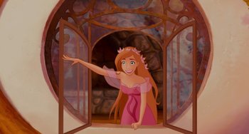 Movie still from “Enchanted” (2007), directed by Kevin Lima – A woman in a pink dress is standing in an archway; Wide shot, High angle