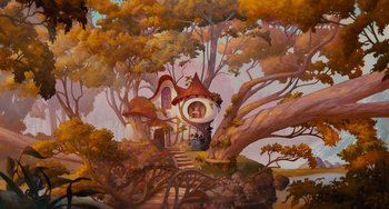 Movie still from “Enchanted” (2007), directed by Kevin Lima – A painting of a house in the middle of a forest; Extreme Wide shot, High angle
