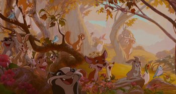 Movie still from “Enchanted” (2007), directed by Kevin Lima – A painting of a bunch of animals in the woods; Wide shot, High angle
