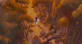 Movie still from “Enchanted” (2007), directed by Kevin Lima – A painting of a man riding a horse through the woods; Extreme Wide shot, Overhead angle