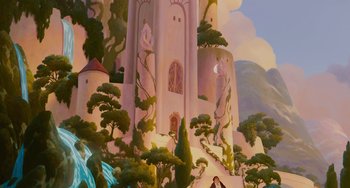 Movie still from “Enchanted” (2007), directed by Kevin Lima – A painting of a fairy tale castle with trees and bushes; Extreme Wide shot, Low angle