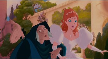 Movie still from “Enchanted” (2007), directed by Kevin Lima – Two animated characters , one of which is a witch and one of which is a fairy , are looking at each other; Medium shot, Over the shoulder angle