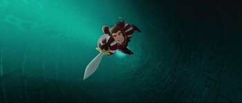 Movie still from “Enchanted” (2007), directed by Kevin Lima – An animated character is holding a sword in the water; Extreme Wide shot, Overhead angle