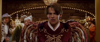 Movie still from “Enchanted” (2007), directed by Kevin Lima – A person wearing a costume; Close Up shot, Over the shoulder angle